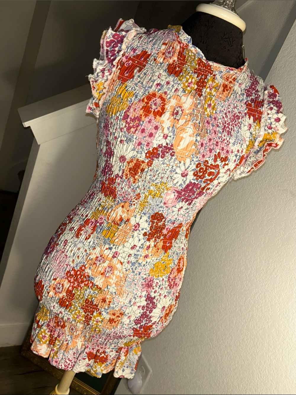 Floral Smocked Mini Dress - Pink & Orange